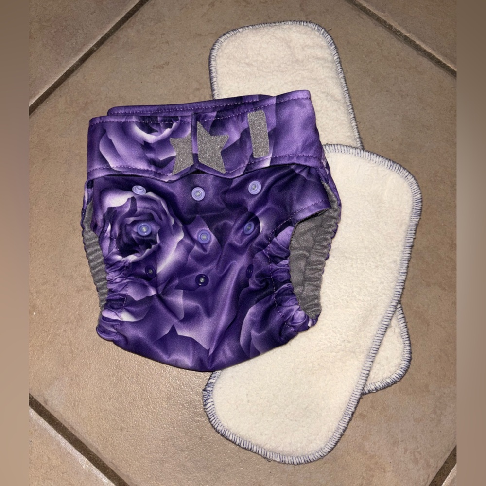 RAGABabe Purple Rose Reusable Diaper Cover with 2 Cotton & Bamboo Inserts